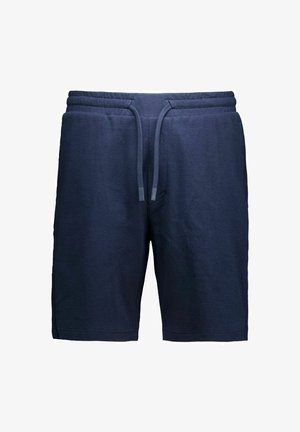 Sötétkék, hétköznapi rövidnadrág elasztikus derékpánttal és húzózsinórral, texturált anyagból készült.