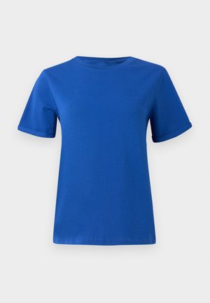 Tricou din bumbac albastru cu guler rotund, mâneci scurte și tivuri răsucite. Textură netedă, tiv drept și fără modele sau ornamente vizibile.