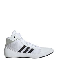 White athletic shoes featuring a mesh upper, three black stripes, lace-up design, and low-profile rubber sole.