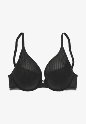 Weißer BH mit einem glatten, geschwungenen Design und dezentem Glanz, kombiniert mit weißen Netzunterhosen, die gestreifte Muster und kleine dekorative Akzente aufweisen.