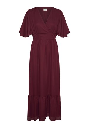 Burgundsko maxi obleka z V-izrezom, ohlapnimi rokavi, prilegajočim se pasom in nabranim robom, izdelana iz lahkega tekočega blaga.