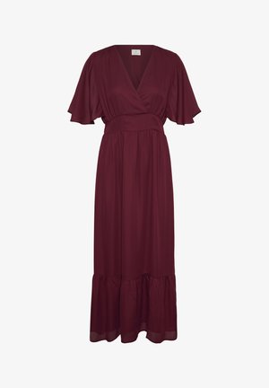 Burgundsko maxi obleka z V-izrezom, ohlapnimi rokavi, prilegajočim se pasom in nabranim robom, izdelana iz lahkega tekočega blaga.