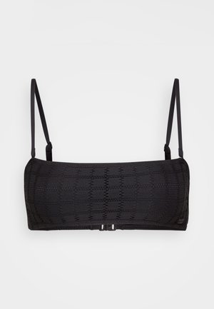 Reggiseno bandeau nero con motivi geometrici testurizzati, spalline regolabili e chiusura a gancio. Realizzato in un materiale elastico e traspirante.