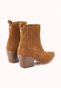 Bottines en suede marron avec un bout pointu, un talon empilé et des détails de couture verticaux le long de l'arête.