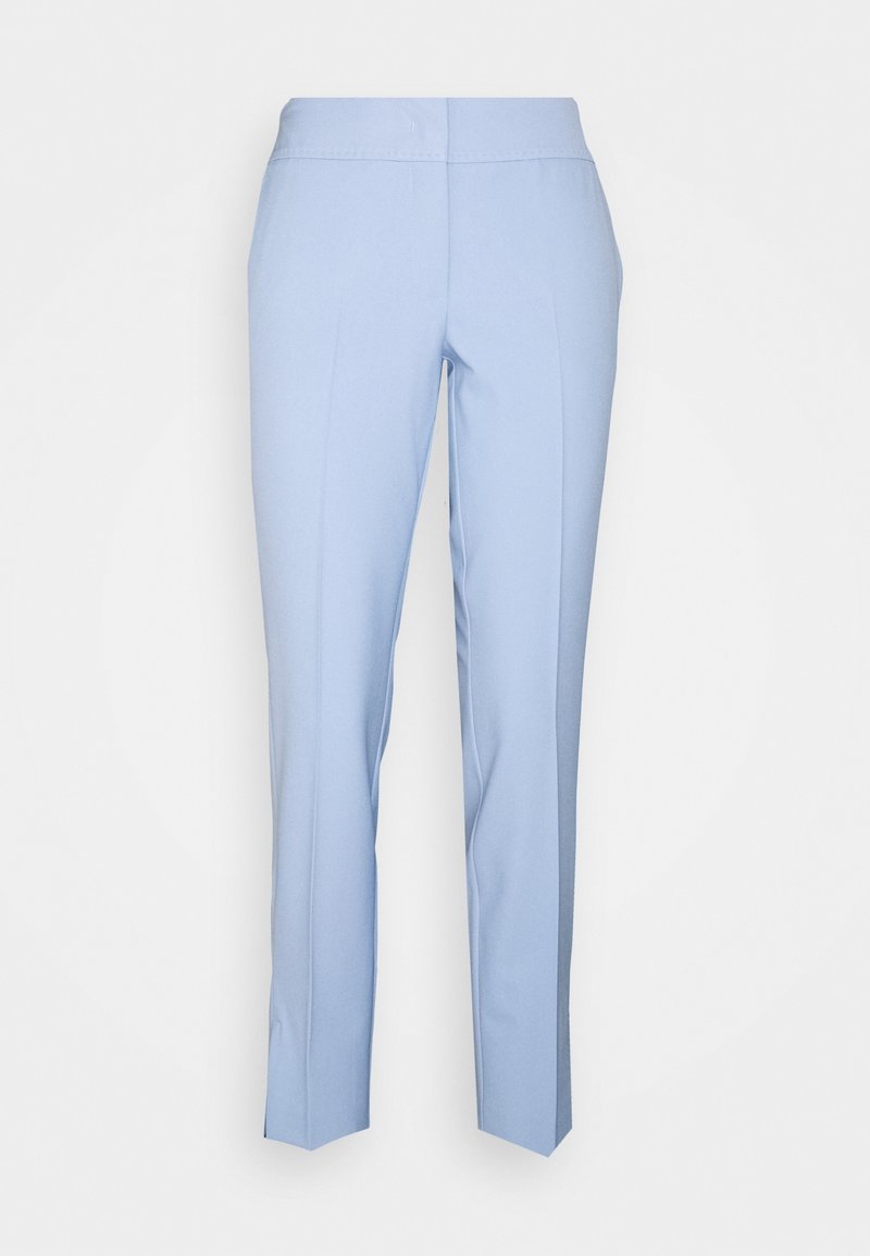 Light blue, tapered trousers with a flat waistband, no visible closures, smooth texture, and subtle pressed crease details along the front.