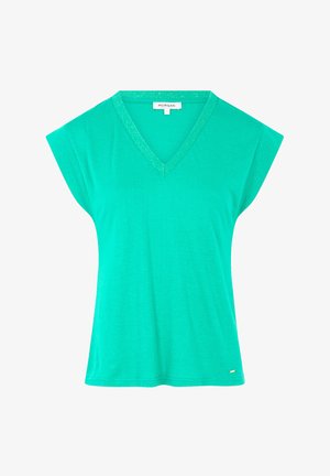 T-shirt verde acqua con scollo a V e maniche corte, realizzato in un tessuto morbido. Presenta una rifinitura luccicante intorno al collo e un piccolo logo in evidenza all'orlo.