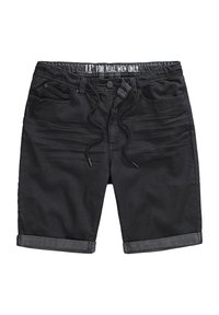 Schwarze Jeansshorts mit einem verstellbaren Bund, umgeschlagenen Säumen, einer Vorderasche und slim-fit Design. Der Stoff wirkt glatt mit leichtem Textur.