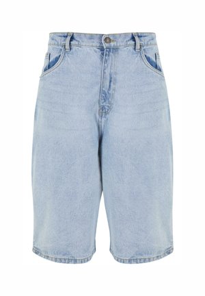 Shorts din denim bleu deschis cu talie înaltă, croi drept, cinci buzunare și cusături vizibile. Au un închidere cu nasture și bucle pentru curea.