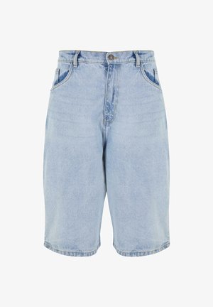 Vaaleansiniset farkkushortsit, joissa on korkea vyötärö, suora leikkaus, viisi taskua ja näkyvä ompelu. Varustettu nappikiinnityksellä ja vyölenkeillä.