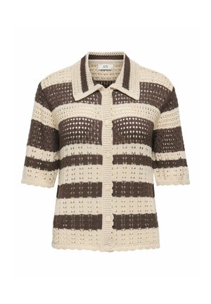 Cardigan à manches courtes en maille crochet beige et marron à rayures, avec fermeture boutonnée à l'avant et col pointu.