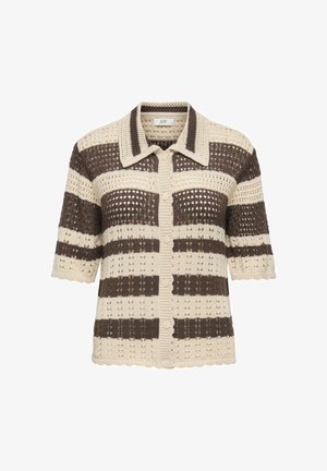 Cardigan à manches courtes en maille crochet beige et marron à rayures, avec fermeture boutonnée à l'avant et col pointu.