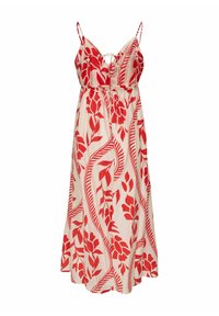 Robe à motifs floraux rouges en tissu léger. Elle présente un décolleté en V, des bretelles spaghetti ajustables et une taille élastique pour plus de confort.