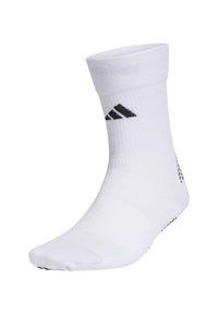 Calcetín deportivo blanco con pu�ño acanalado, que presenta el logo negro de Adidas y pequeños puntos texturizados en la parte inferior para un mejor agarre.