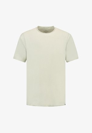 Svetlo obarvan kratkourokaven t-shirt iz mehkega, teksturiranega materiala. Ima okroglo izrezovanje in raven rob za sproščen kroj.