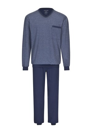 Langes Schlafanzugset mit einem marineblauen gestreiften Oberteil mit V-Ausschnitt und Tasche, kombiniert mit einfarbigen marineblauen Hosen. Hergestellt aus weichem Stoff.