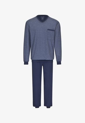 Set di pigiama lungo composto da una maglietta a strisce navy con scollatura a V e tasca, abbinata a pantaloni navy uniti. Realizzato in tessuto morbido.