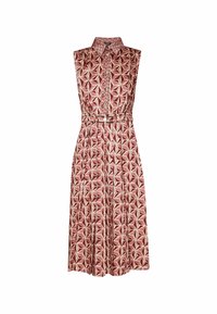 Robe midi sans manches à motif géométrique rose et beige, col à revers, boutonnage devant et ceinture assortie à la taille.