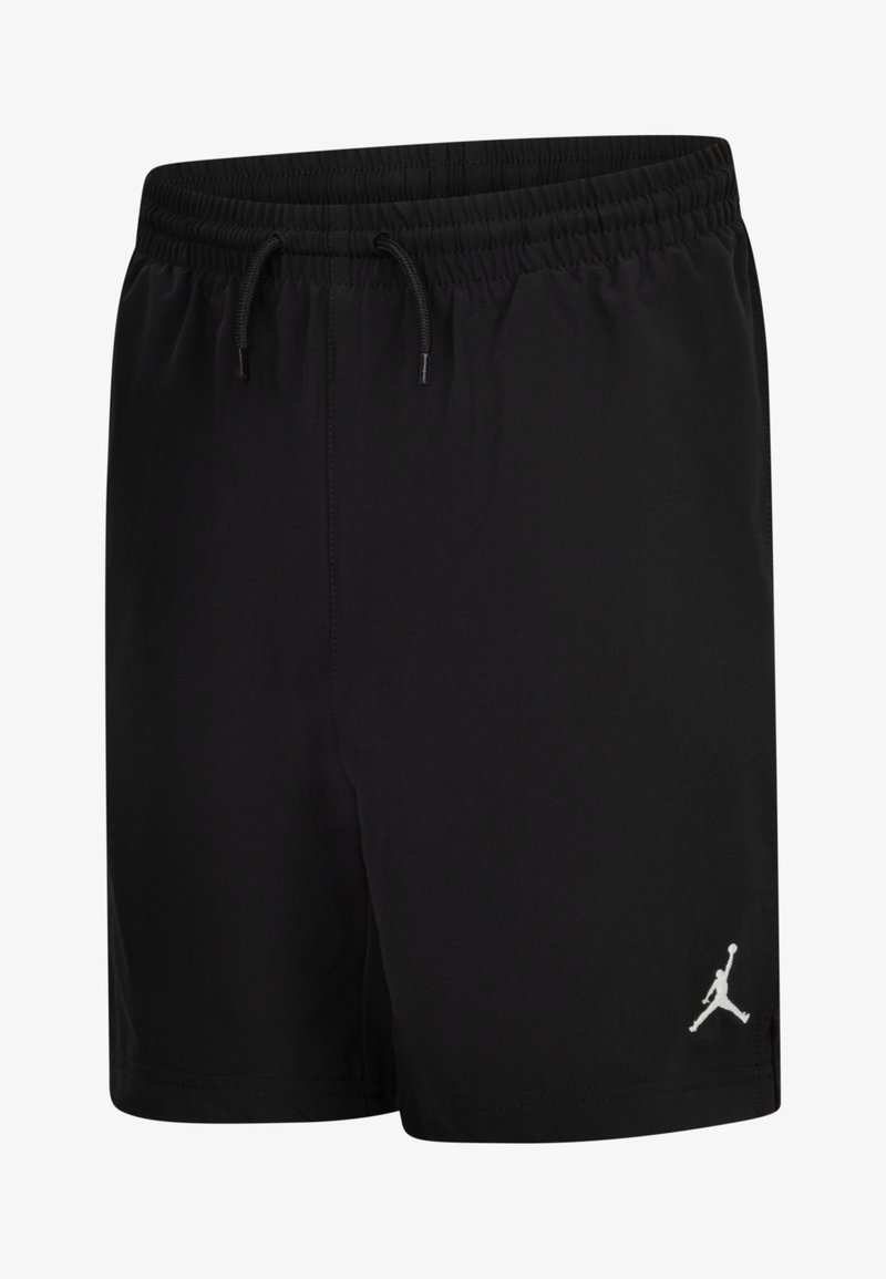 Shorts de sport noirs en tissu léger avec une taille élastique et un cordon de serrage. Présente un logo Jumpman blanc sur la jambe gauche.