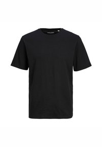 Zwarte katoenen T-shirt met een klassieke ronde hals en korte mouwen. Eenvoudig ontwerp, effen kleur, onversierde stof. Geen zichtbare patronen of accenten.