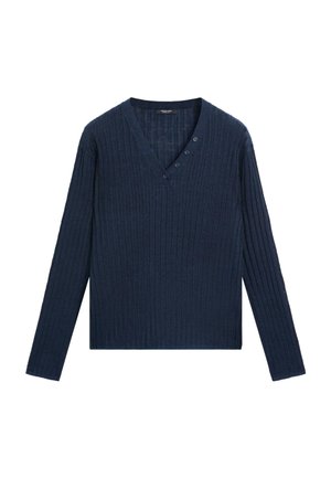 Marineblauer, langärmeliger, gerippter Strickpullover mit V-Ausschnitt und vier Knöpfen auf der linken Seite des Kragens.