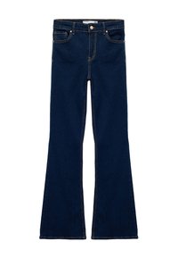 Donkerblauwe uitlopende jeans in denimstof, met een standaard tailleband, voorzakken en zichtbare stiksels langs de naden.