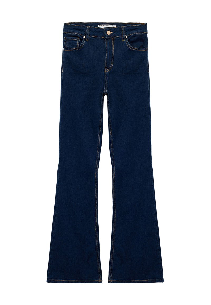 Donkerblauwe uitlopende jeans in denimstof, met een standaard tailleband, voorzakken en zichtbare stiksels langs de naden.