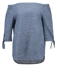 Blå off-the-shoulder top med trekvartærmer, bånddetaljer ved manchetterne, letvægtsstof med en subtil struktureret finish, rundet kant.