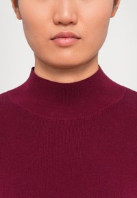 Közeli felvétel egy személy alsó arcáról és nyakáról, aki bordó, bordázott, magas nyakú pulóvert visel.