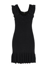 Zwarte geribbelde jurk met een ruches halslijn en een gegolfde zoom. Heeft een getailleerde pasvorm en een mouwloos ontwerp. Gemaakt van een zachte, gestructureerde stof.