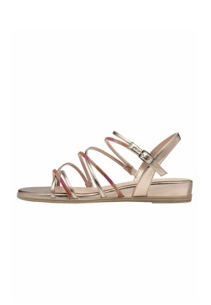 Sandały na paskach z metalicznego złotego materiału z kolorowymi akcentami. Płaska podeszwa, regulowany pasek na kostkę oraz wiele smukłych pasków na stopie.