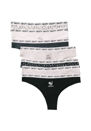 Cinque paia di biancheria intima da donna a tema Snoopy in nero, bianco e grigio con fascia Snoopy in vita e piccole grafiche stampate di Snoopy con frasi.