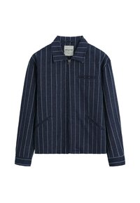 Veste à fermeture éclair bleu marine avec des rayures verticales bleu clair, col à revers, deux poches latérales et tissu texturé.