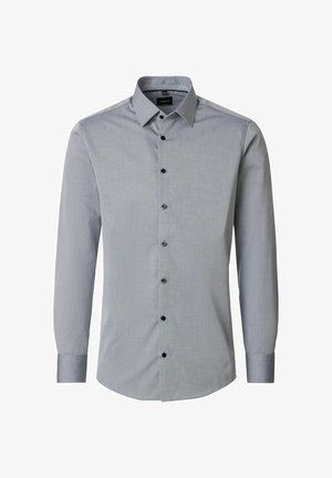 Lysegrå herre-skjorte med lange ærmer, klassisk krave og sorte knapper ned foran.