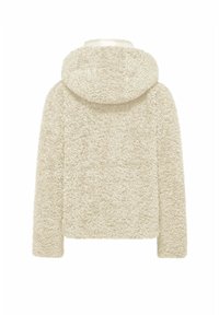 Cremfarbener, taillierter Mantel mit Kapuze, aus flauschigem, strukturiertem Stoff. Verfügt über lange Ärmel und ein glattes Innenfutter.