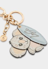 Nøglekæde med et tegneserieagtigt koala-design, lavet af struktureret læder i pastelfarver, med hardware og detaljer i guldtoner.