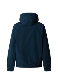 Veste bleu marine à capuche avec poignets et ourlet élastiques. Tissu lisse et léger ; pas de motifs visibles ni de détails métalliques. Vue arrière affichée.