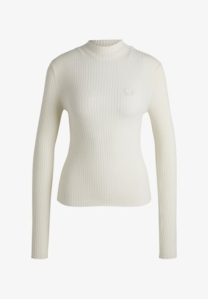 Gestreifter, langärmeliger Oberteil in Off-White. Hoher Kragen. Verfügt über ein kleines, einfarbiges Logo auf der Brust. Hergestellt aus einem strukturierten, dehnbaren Material.