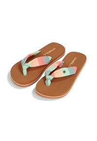 Brune flip-flops med farverige stribede remme i pink, blå og gule nuancer. Tekstureret sål med prægede mærkelogo.