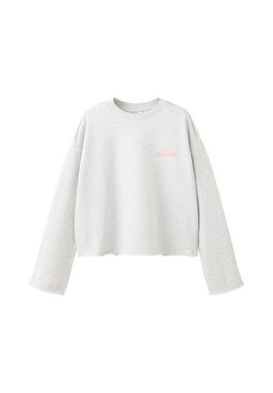 Sweat-shirt court gris clair à manches longues avec un petit texte rose indiquant "TILL SUNRISE" sur la poitrine.