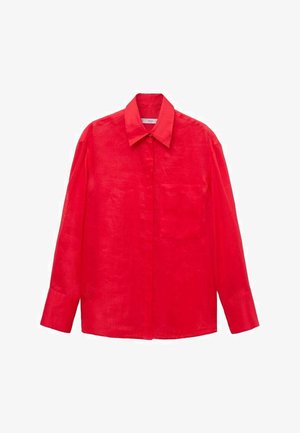 Camicia rossa a maniche lunghe realizzata in tessuto testurizzato, con colletto, tasca frontale e design dritto.