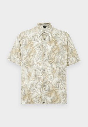 Rövid ujjú ing világos bézs színben, pálmalevél mintával. Jellegzetességei közé tartozik a gallér, gombos elülső rész és a puha szövet textúra.