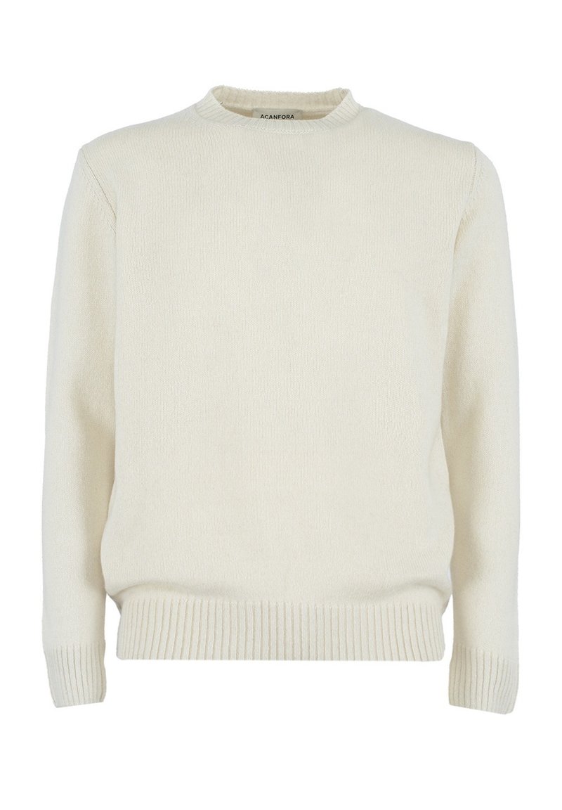 Maglione a maglia color crema, colletto rotondo a giro, polsini e orlo a coste, texture morbida, design minimale, senza decorazioni o motivi aggiuntivi.