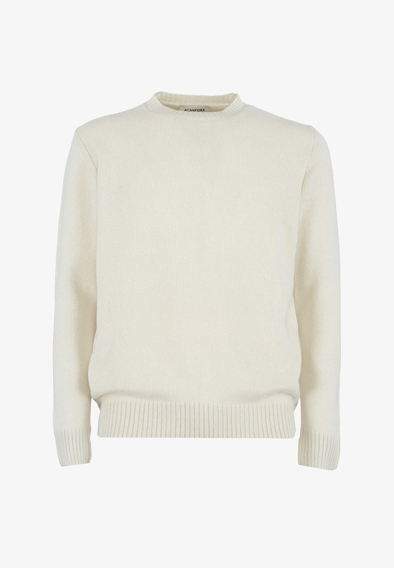 Maglione a maglia color crema, colletto rotondo a giro, polsini e orlo a coste, texture morbida, design minimale, senza decorazioni o motivi aggiuntivi.
