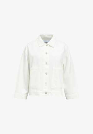 Valge pikkade varrukatega nööbitav jakk, terava kraega ja kahe eest taskuga, kujutatud ühtlasel taustal.