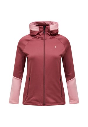 Giacca con cerniera color bordeaux e rosa chiaro, caratterizzata da un colletto alto, maniche lunghe e due tasche laterali. Realizzata in tessuto liscio ed elastico.