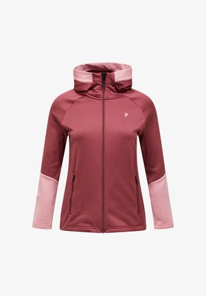 Giacca con cerniera color bordeaux e rosa chiaro, caratterizzata da un colletto alto, maniche lunghe e due tasche laterali. Realizzata in tessuto liscio ed elastico.