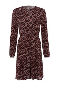 Schwarzes Kleid mit langen Ärmeln, tailliertem Design und floralen Mustern in Pink- und Rottönen. Weicher Stoff mit lockerer Passform und knielanger Länge.