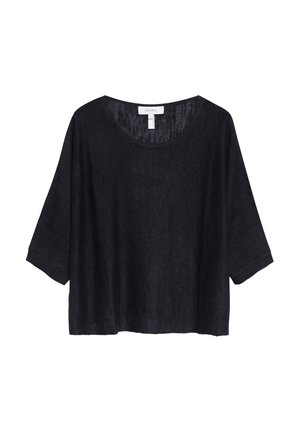 Top nero in maglia a vestibilità ampia con maniche a lunghezza gomito e scollo tondo, etichettato "comma", mostrato su sfondo bianco.