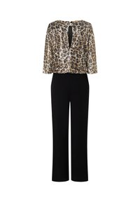 Haut imprimé léopard à manches courtes et dos en fer à cheval, associé à un pantalon noir à jambes larges. Tissu texturé avec des accents brillants.