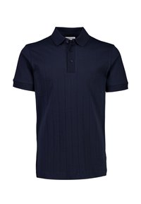 Granatowa koszulka polo o ribbed teksturze, z krótkimi rękawami, trzema guzikami i płaskim kołnierzykiem. Prosty design bez wzorów.